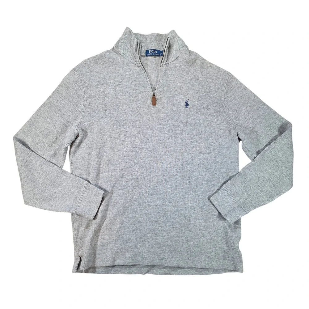 Polo Ralph Lauren Men Large Heather Grey 100 Cotton Quarter Zip Pullover Sweater